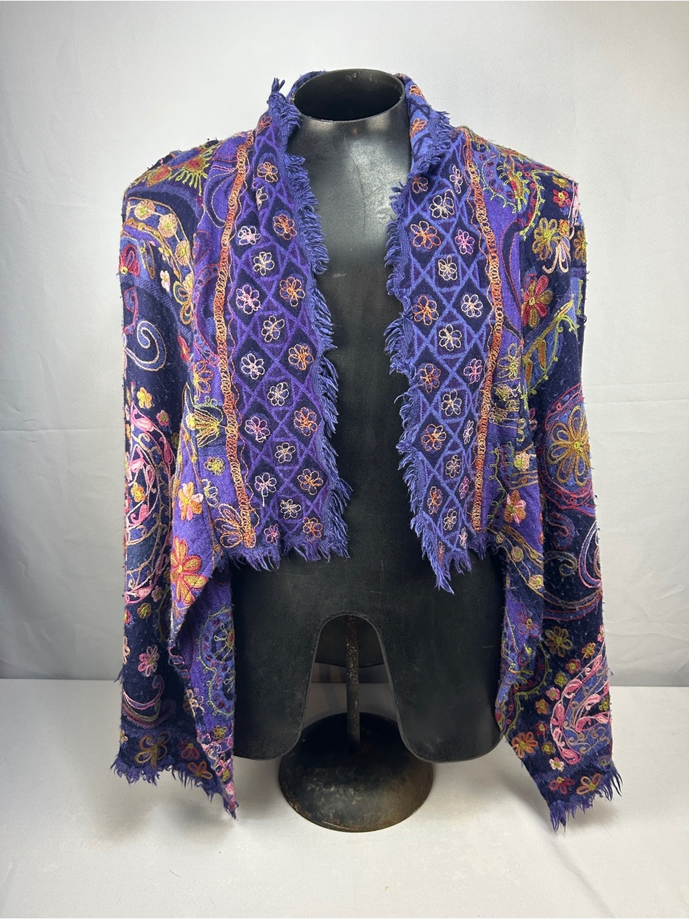 Soft Surroundings Purple Embroidered Fringe-Trim Open Front Vest